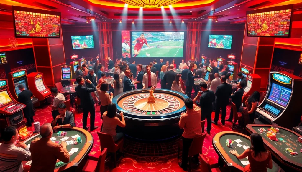Experience the excitement of "trực tiếp bóng đá VanKhanhTV" while placing bets in a bustling casino atmosphere filled with roulette wheels and poker tables.
